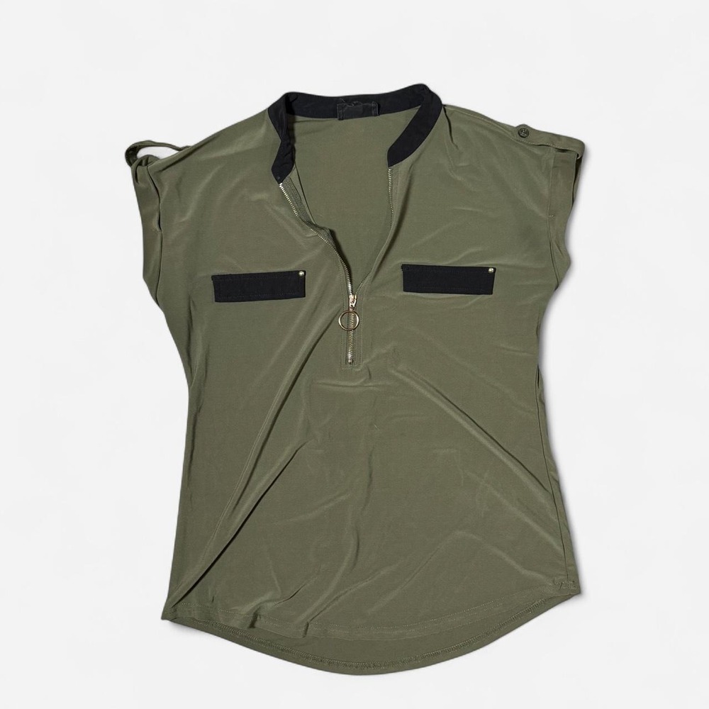The Workshop Olive Green Military Style Zipper Detail Blouse Medium